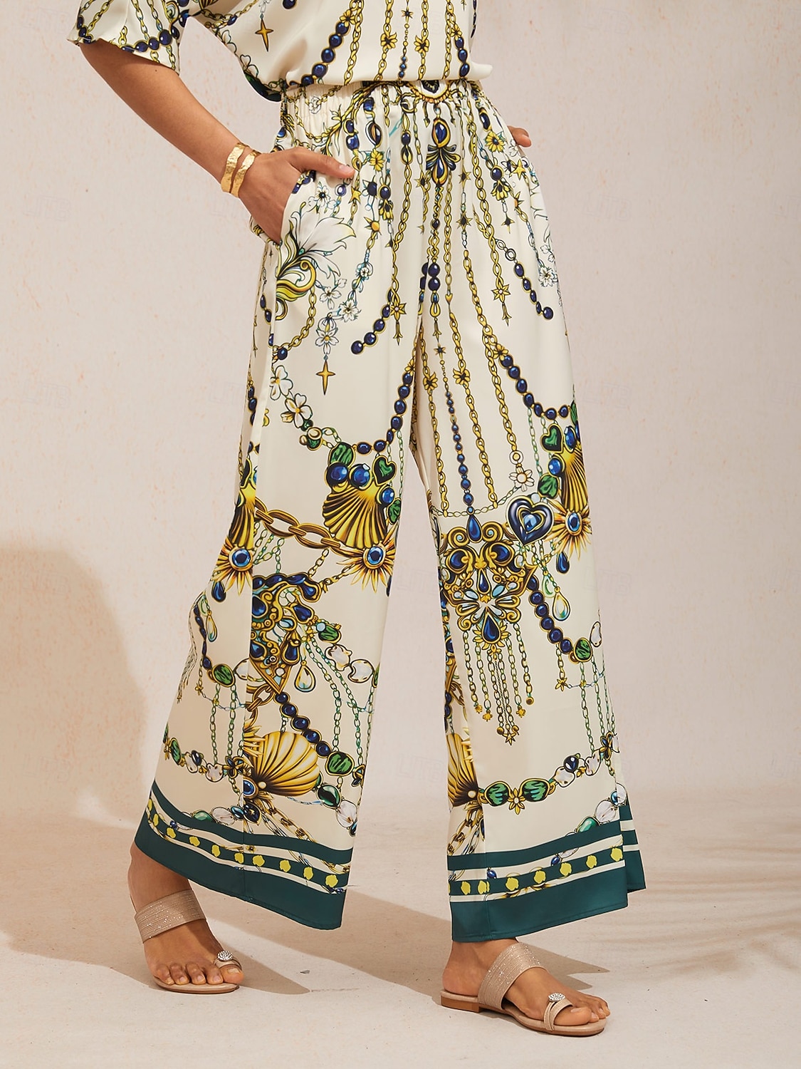 joyas vintage, satén sedoso, pantalones de pierna ancha con cintura elástica, 2026 - $79.99 –P1