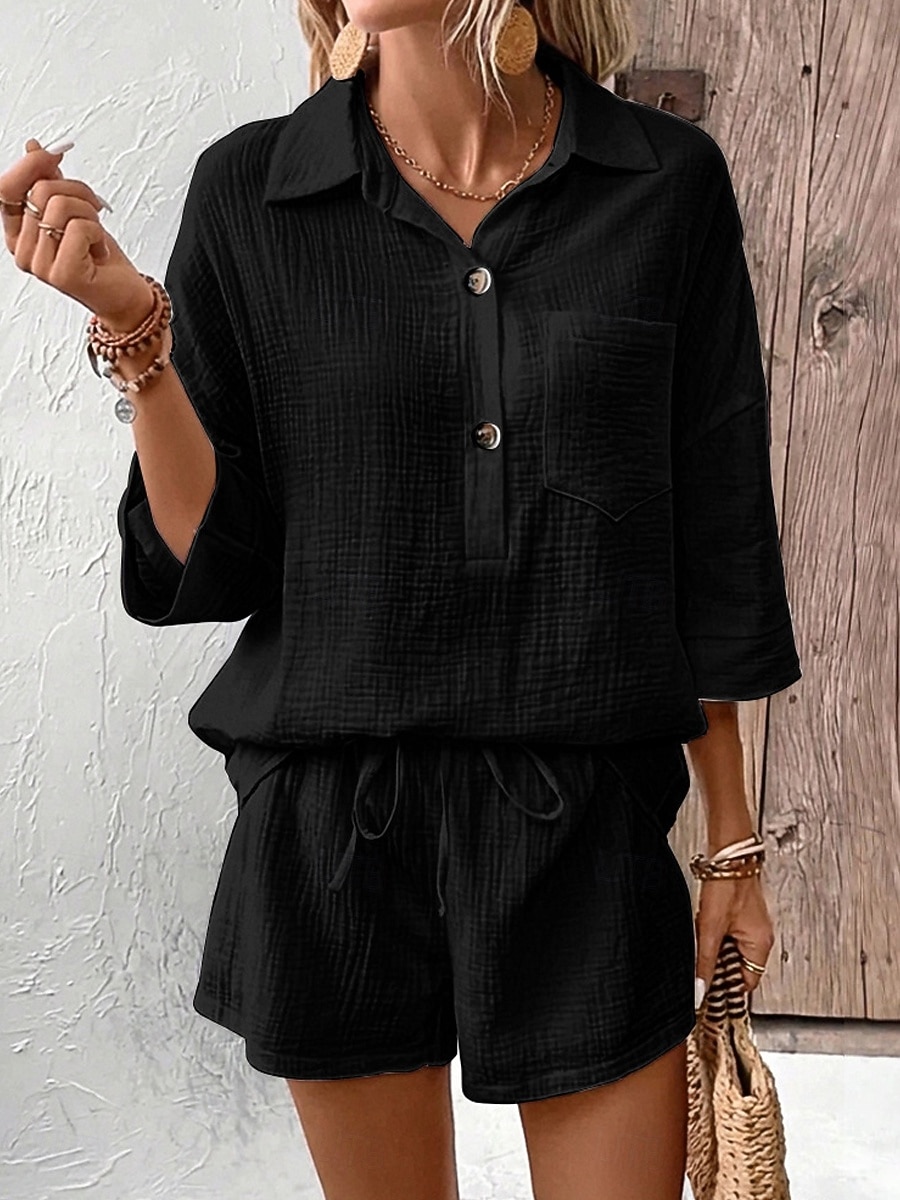 Damen Baumwoll-Leinen-Sets Shorts-Sets Dreiviertelarm Hemdkragen Einfach Mode Lässig Täglich Outdoor Schwarz Weiß Dunkelmarine Sommer Normale Passform 2026 - $41.99 –P4