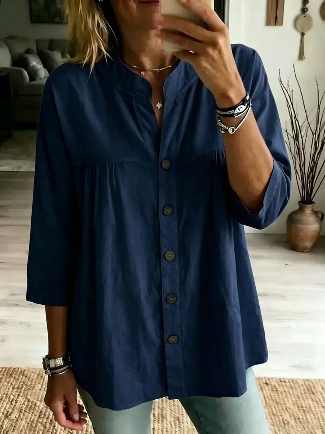 Damen Bluse Einfarbig Täglich Stilvoll Basic Dreiviertelarm V Ausschnitt Normale Oberteile Lässig Täglich Blau Schwarz Weiß Rosa Grün Sommer Frühling 2026 - $29.99 –P7