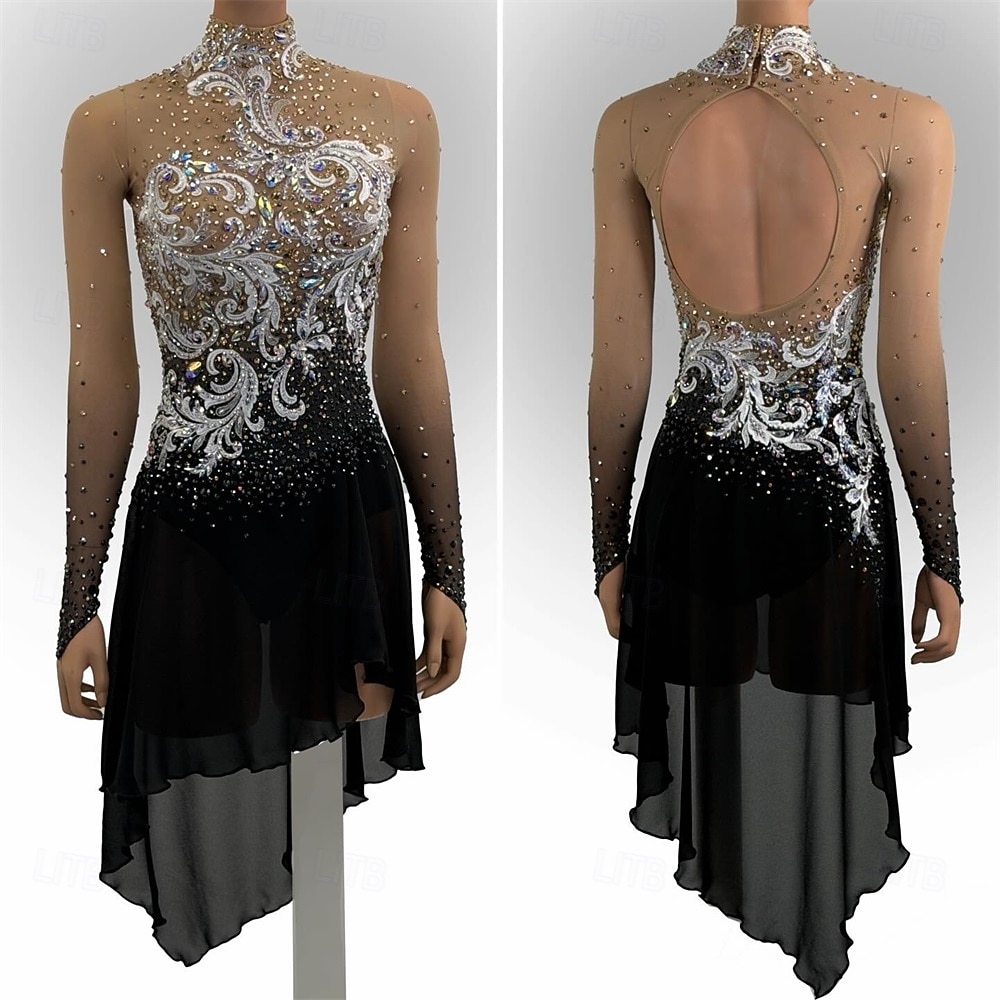Abito da pattinaggio artistico Per donna Pattinaggio sul ghiaccio Vestito Nero Patchwork Foro per il pollice Elasticizzato Allenamento Competizione Vestiti da pattinaggio sul ghiaccio Classico del 2026 a $533.89 –P1