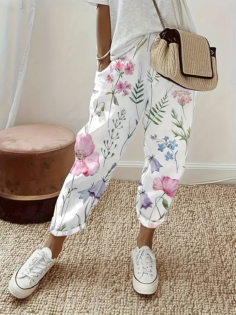 Femmes Pantalon effet lin Jambe large Pantalon décontracté Pantalon d'été Vacances Mode Streetwear Longueur complète Taille Moyenne Fleuri Graphique Avec Poches Taille Élastique Imprimé Confortable de 2026 ? $39.99 –P1