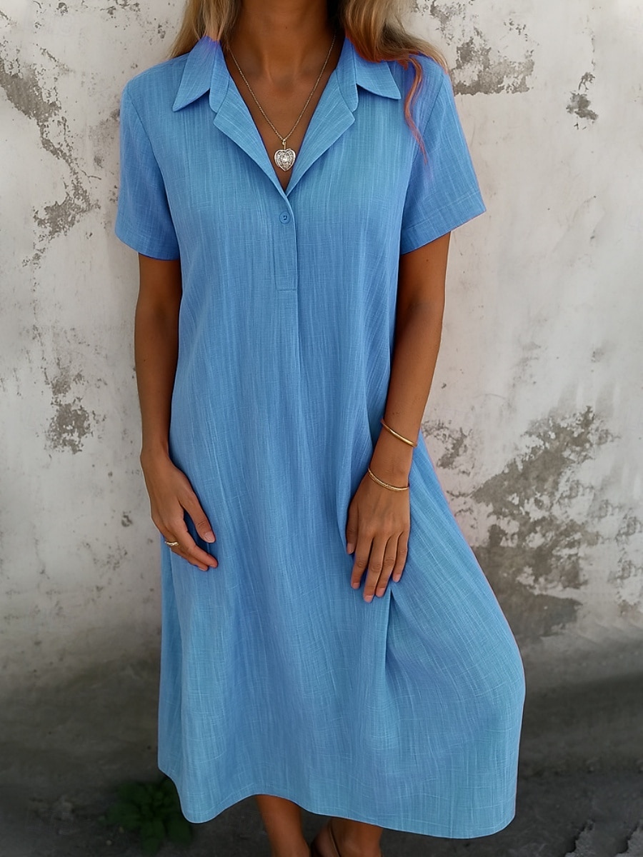 Women's Midi Dress Casual Dress Cotton Linen Dress Elegant Fashion Modern Outdoor Vacation Going out Regular Fit Plain Short Sleeve Shirt Collar Blue Black Orange Green Summer Spring 2026 - $34.99 –P3