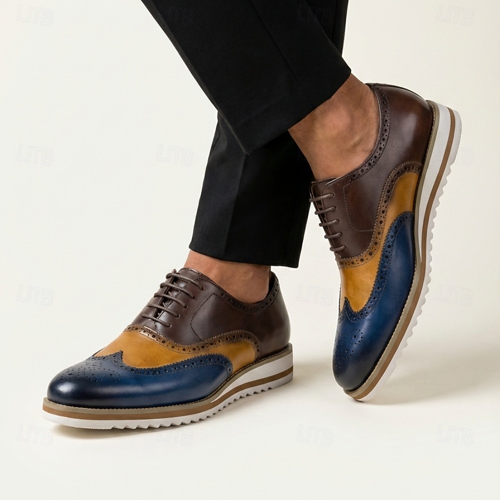 Zapatos de vestir de cuero bicolor con cordones y estilo brogue, calzado casual elegante para hombre, ideal para el trabajo, fiestas y eventos nocturnos. 2026 - $94.99 –P4