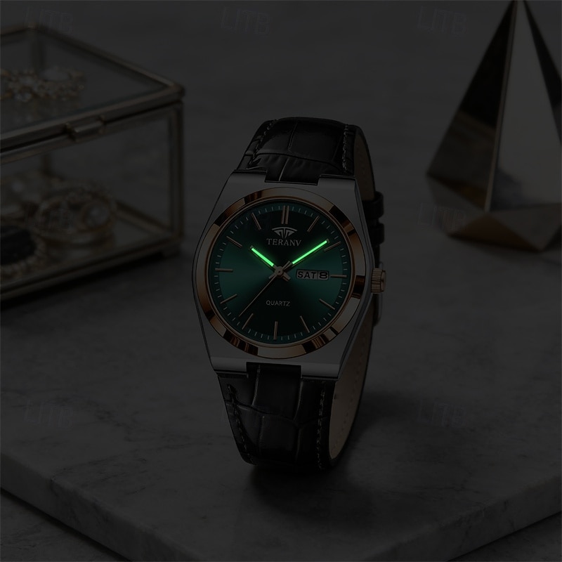 Relógio masculino de quartzo para negócios - relógio de pulso social com pulseira de couro e bisel em ouro rosa, relógio analógico luminoso com dia e data, relógio minimalista à prova d'água para de 2026 por $24.99 –P3