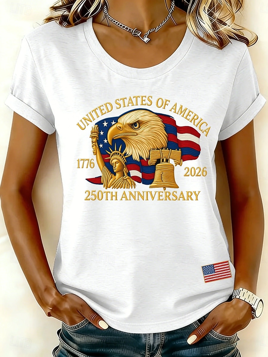 2026年 アメリカ独立記念日 女性用 Tシャツ プリント グラフィック フラッグ アメリカの国旗 ヴィンテージ スタイリッシュ クラシック 半袖 クルーネック ラウンドネック レギュラートップス カジュアル 日常 ホワイト ルビーレッド 夏 春  コレクション – $22.99 –P1