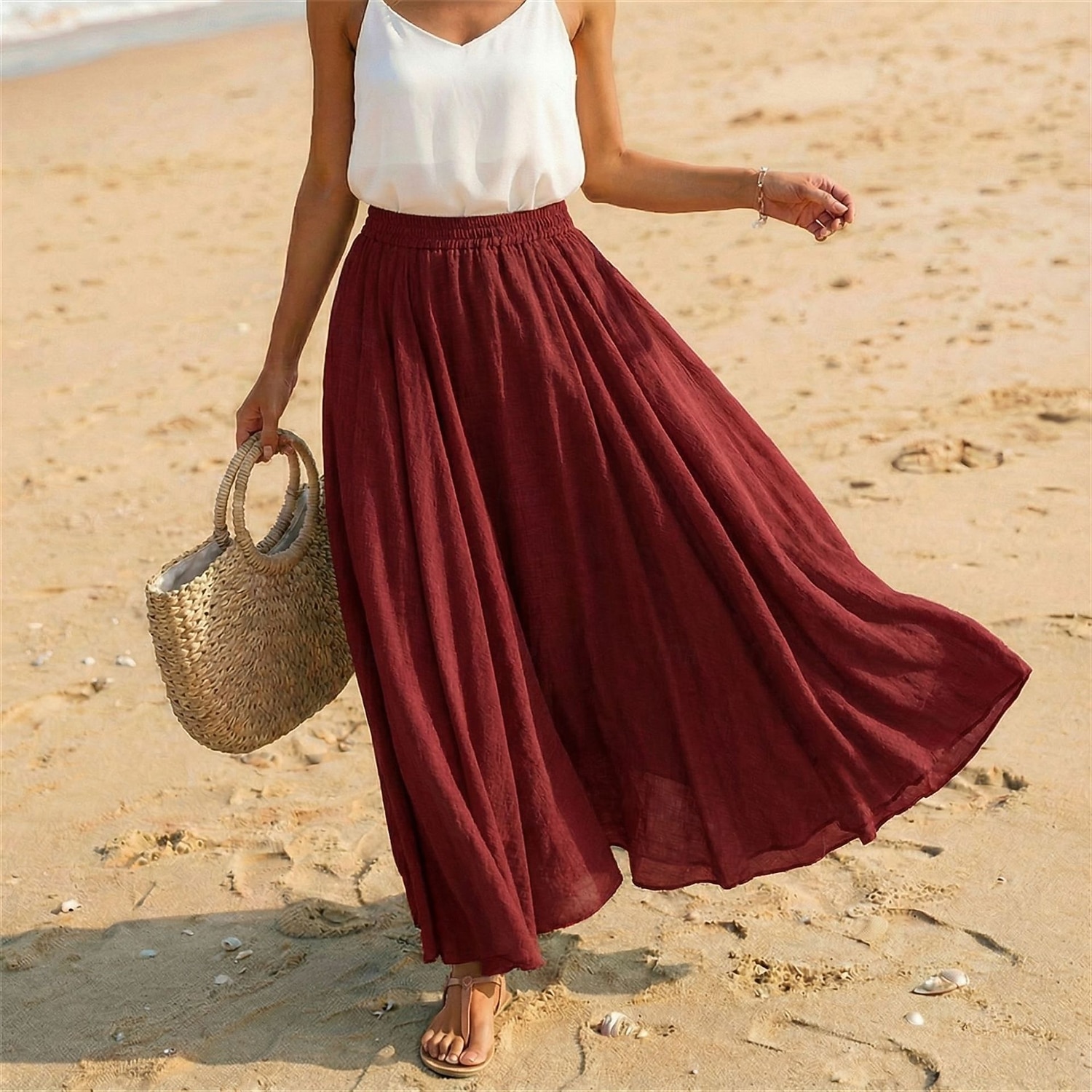 Women's Linen Blend Vacation Skirt Casual Maxi High Waist Skirts Holiday turmeric White Sky Blue Dark Green Summer 2026 - $27.99 –P8