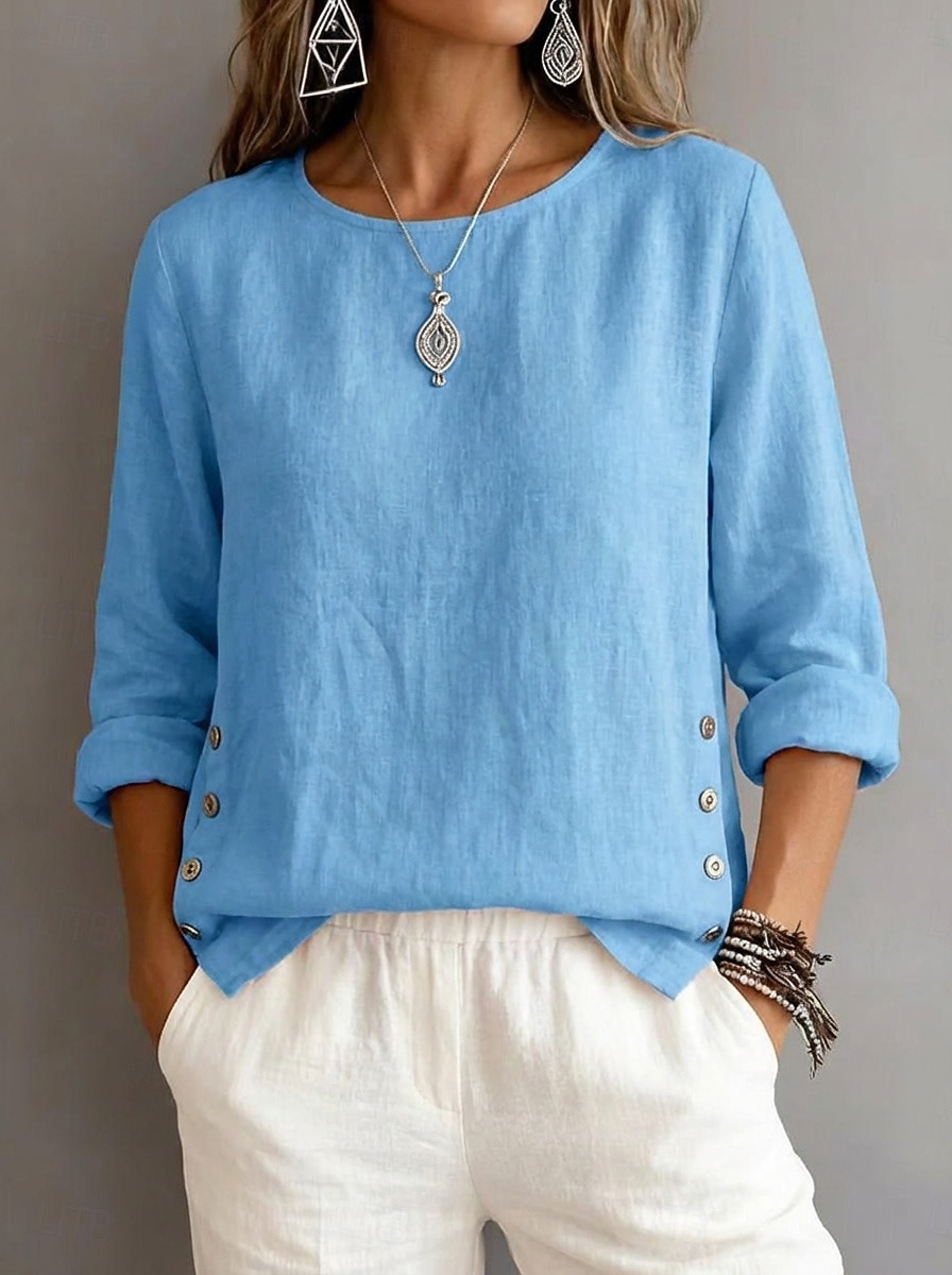 Per donna Blusa Arricciato Bottoni Semplice Vintage Elegante Manica Lunga Girocollo Top Regolari Quotidiano Ferie Uscire Blu Nero Bianco Giallo Rosa Estate Primavera del 2026 a $10.99 –P1