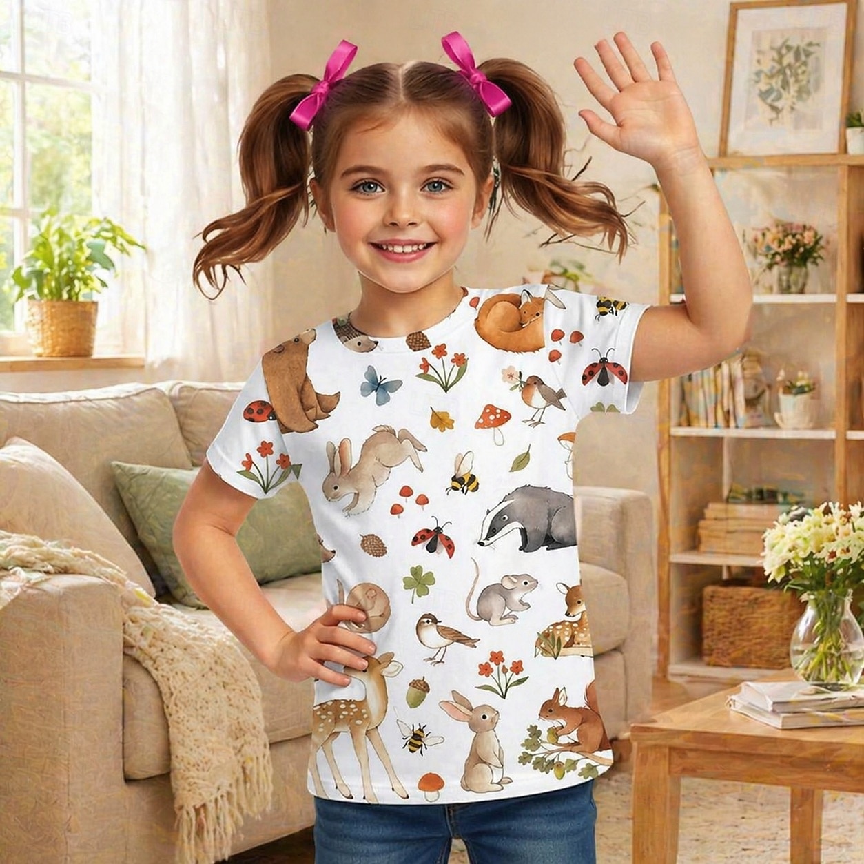 Chica 3D Graphic Animal Camiseta Manga Corta Impresión 3D Primavera Activo Estilo lindo Niños 4-12 años Casual Escuela Ajuste regular 2026 - $9.49 –P4