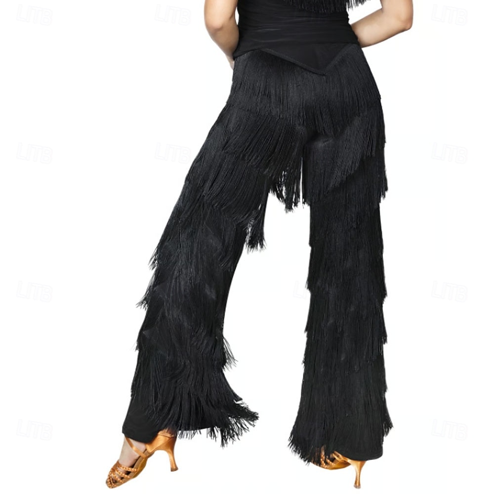 Calças latinas femininas pretas com franjas em camadas - calças de pernas largas com franjas em várias camadas para dança de salão e salsa. & desempenho de 2026 por $73.99 –P2
