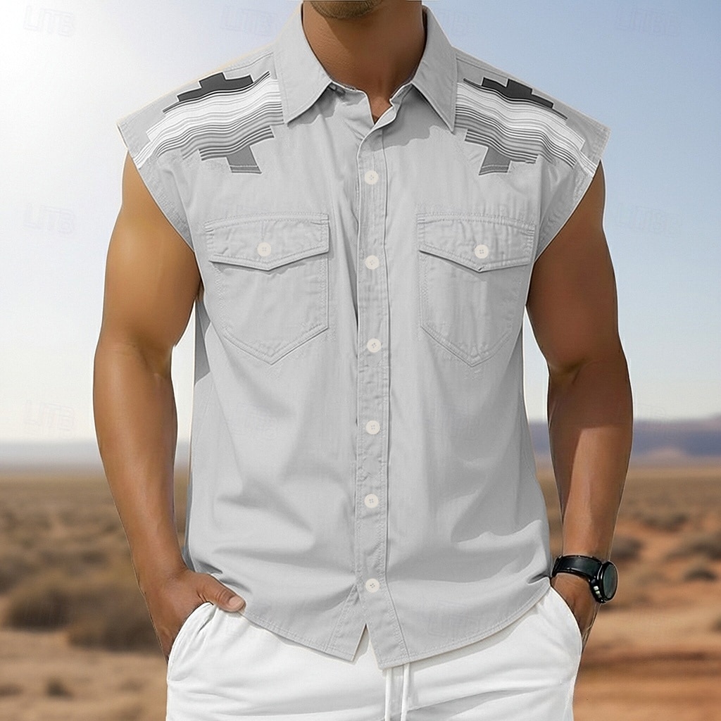 Men's Geometric Pattern Vintage Ethnic Western Shirt Cowboy Shirt Sleeveless Shirt Sleeveless Western Style Outdoor Work Causal Summer Spring Turndown 3D Print Button Up Shirts Blue Khaki Gray 2026 - $25.99 –P3