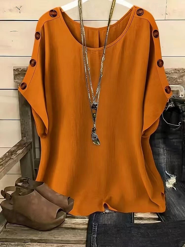 Damen T Shirt T-Shirt Knöpfe Einfach Mode Stilvoll Klassisch Kurzarm Rundhalsausschnitt Normale Oberteile Täglich Ausgehen Wochenende Blau Weiß Gelb Rosa Orange Sommer Frühling 2026 - $19.99 –P6