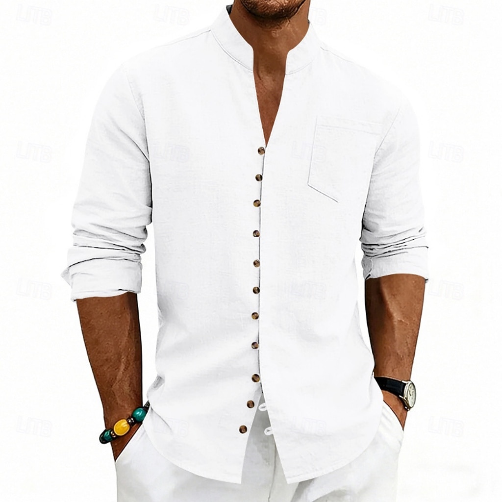 Homens Camisa Social Camisa de linho camisa de verão camisa de praia Tecido Casual Férias Preto Branco Rosa Azul Marinha Manga Longa Faixa Verão Primavera Roupa Bolsos de 2026 por $25.99 –P4