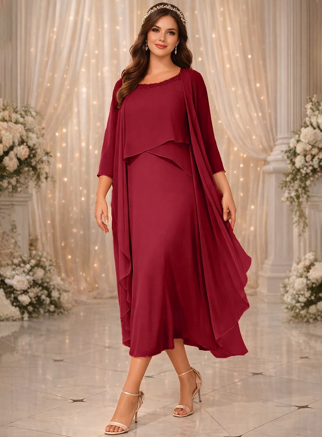 Two Piece A-Line Tea Length Wedding Guest Dress Mother of the Bride Dress 3/4 Length Sleeve Jewel Neck Elegant Vintage Wedding Party Chiffon with Beading 2026 - $183.99 –P11
