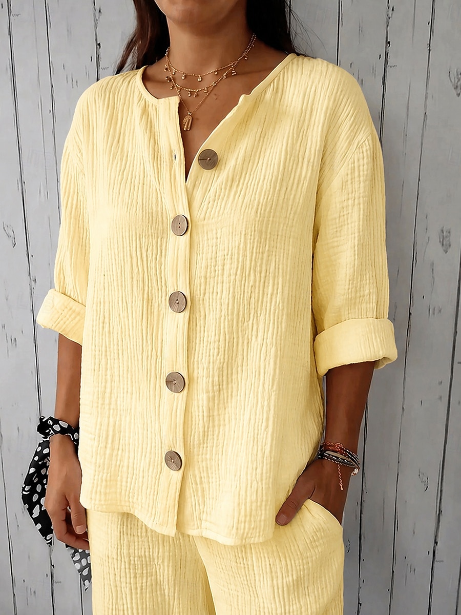 Per donna Camicie di cotone e lino Vacanza Casual Bianco Giallo Rosa Viola Azzurro Estate Primavera del 2026 a $27.99 –P6