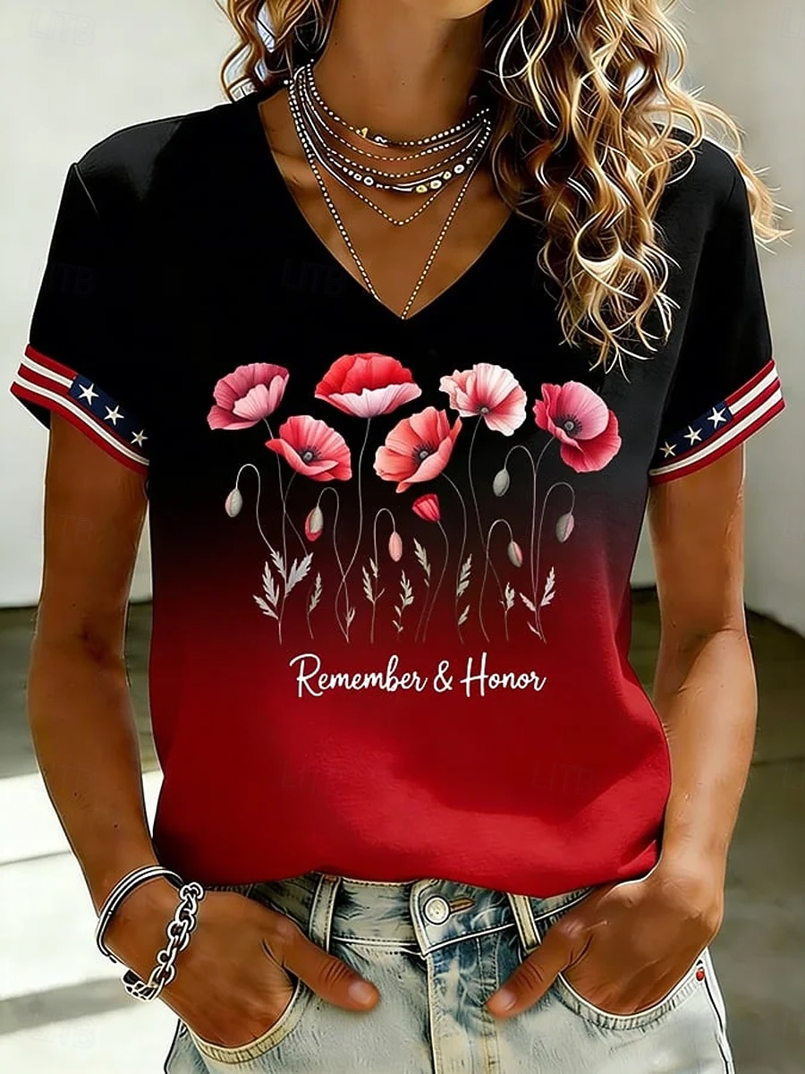 Amerikaanse onafhankelijkheidsdag Dames T-shirt Afdrukken Ombre Bloemig Grafisch Stijlvol Klassiek Casual Korte mouw V-hals Normale tops Casual Dagelijks Zwart En Rood Rood Zomer Lente 2026 - $22.99 –P1