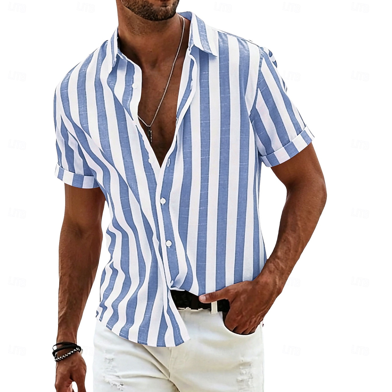 Per uomo Camicia Camicia di lino Camicia Estiva Camicia da Spiaggia Camicia con Bottoni Camicie a righe Strisce verticali Abbigliamento casual alla moda Vacanza Blu Giallo Rosa Rosso Manica Corta del 2026 a $27.99 –P12