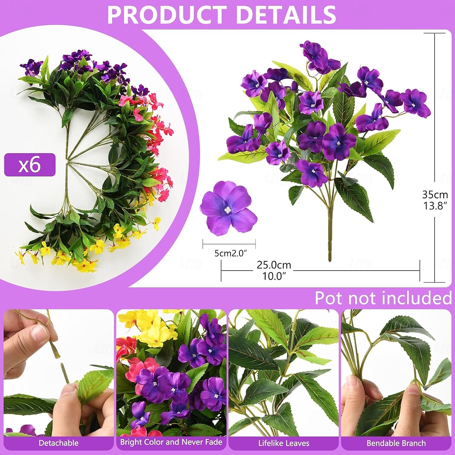 6 Bundles Artificial Impatiens Flowers for Outdoors, Multicolor Silk Fake Flowers for Spring Summer Decoration, UV Resistant Faux Plants Plastic Bouquet for Home Planter Porch Patio Yard Decor 2026 - $35.99 –P2