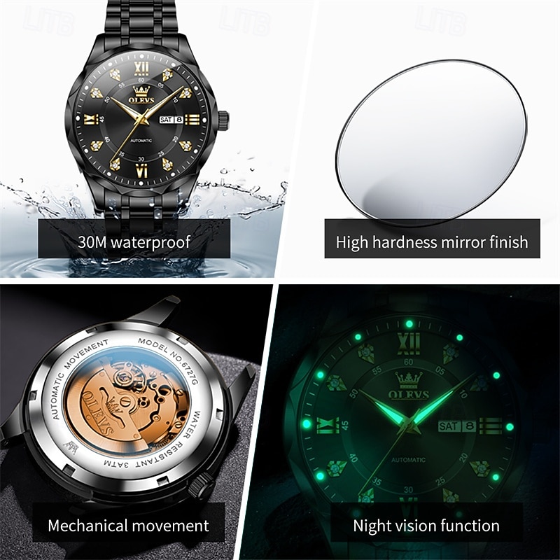 OLEVS Automatic Watch for Men, All Black Stainless Steel Luxury Business Self Winding Wristwatch with Day Date and Luminous Diamonds, Waterproof Analog Dress Watch, Gift for Husband Dad 2026 - $76.99 –P7
