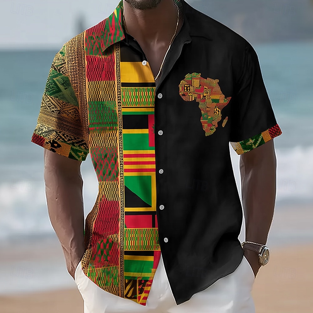 Juneteenth Herre Stamme Kart Etikk / afrikansk Skjorte Sommerskjorte Skjorte med knapper Kortermet Vintage retro Ferie Sommer Vår Aftæpning 3D-utskrift krage skjorter Blå Rød Kakifarget Svart 2026 - $25.99 –P1