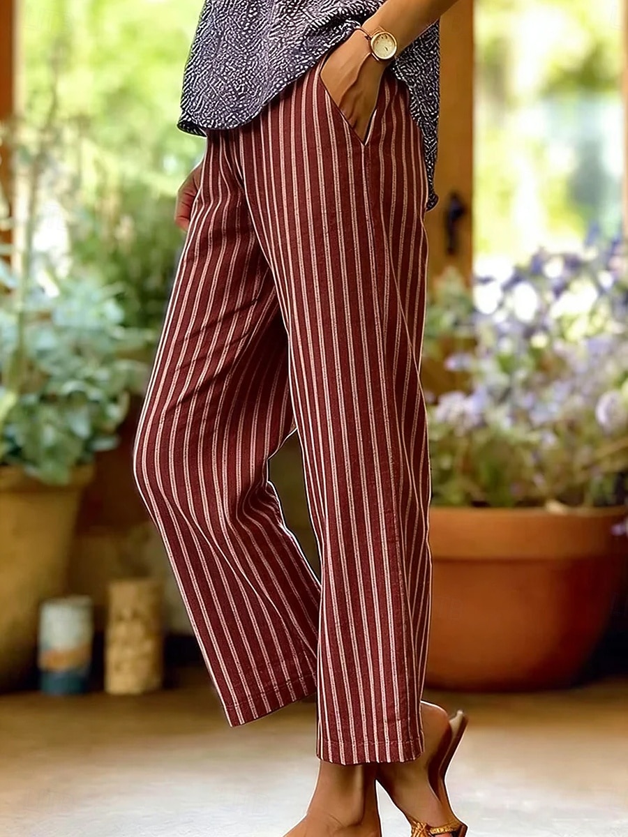 Mujer Pantalones con tacto de lino Perneras anchas Pantalones casuales Pantalones de verano Vacaciones Moda Ropa de calle Hasta el Tobillo Media cintura Graphic A Rayas Bolsillo Cintura elástica 2026 - $39.99 –P3