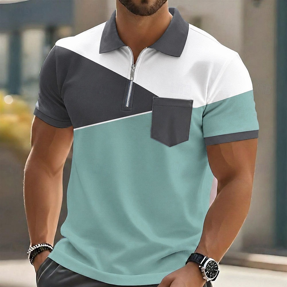 Bărbați Bloc Culoare Geometică Tricouri polo Manșon scurt Tricouri de polo Cămăși cu guler Casual În aer liber Îmbrăcăminte Atletică Concediu Buzunar Imprimare 3D Polo cu fermoar sfert Primavara vara 2026 - $22.99 –P2