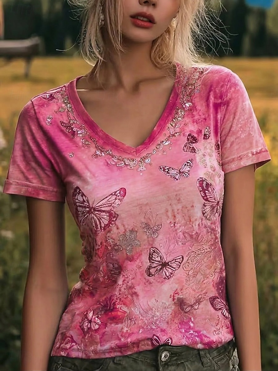 Pentru femei Tricou Imprimeu Floral Grafic Fluture Stilat Clasic Casual Manșon scurt În V Topuri obișnuite Casual Zilnic Roz Îmbujorat Mov Vară Primăvară 2026 - $22.99 –P2