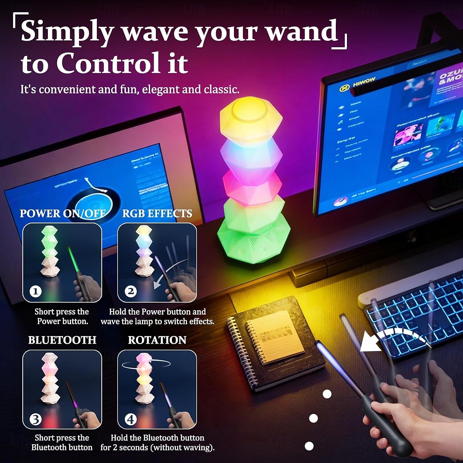 Magic Crystal Bluetooth-luidspreker met afstandsbediening en RGB-sfeerverlichting. &Draaifunctie, aanraakbediening, Bluetooth 5.3, draagbaar woonaccessoire, cadeau voor tieners en volwassenen 2026 - $77.99 –P1