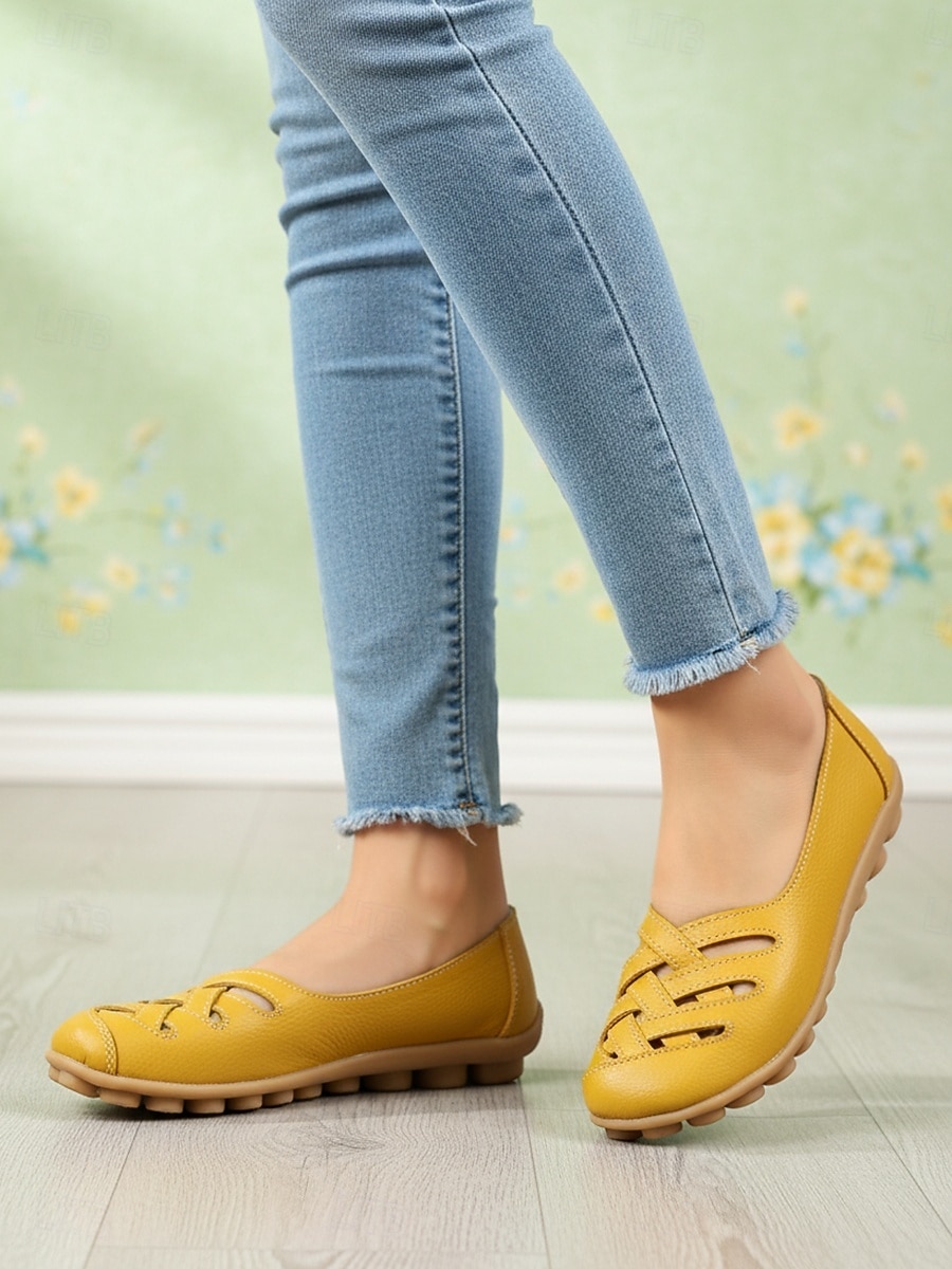 Scarpe slip-on da donna gialle intrecciate con intagli, comode scarpe basse casual con suola morbida, calzature traspiranti per camminare in vacanza & quotidiano del 2026 a $29.99 –P1