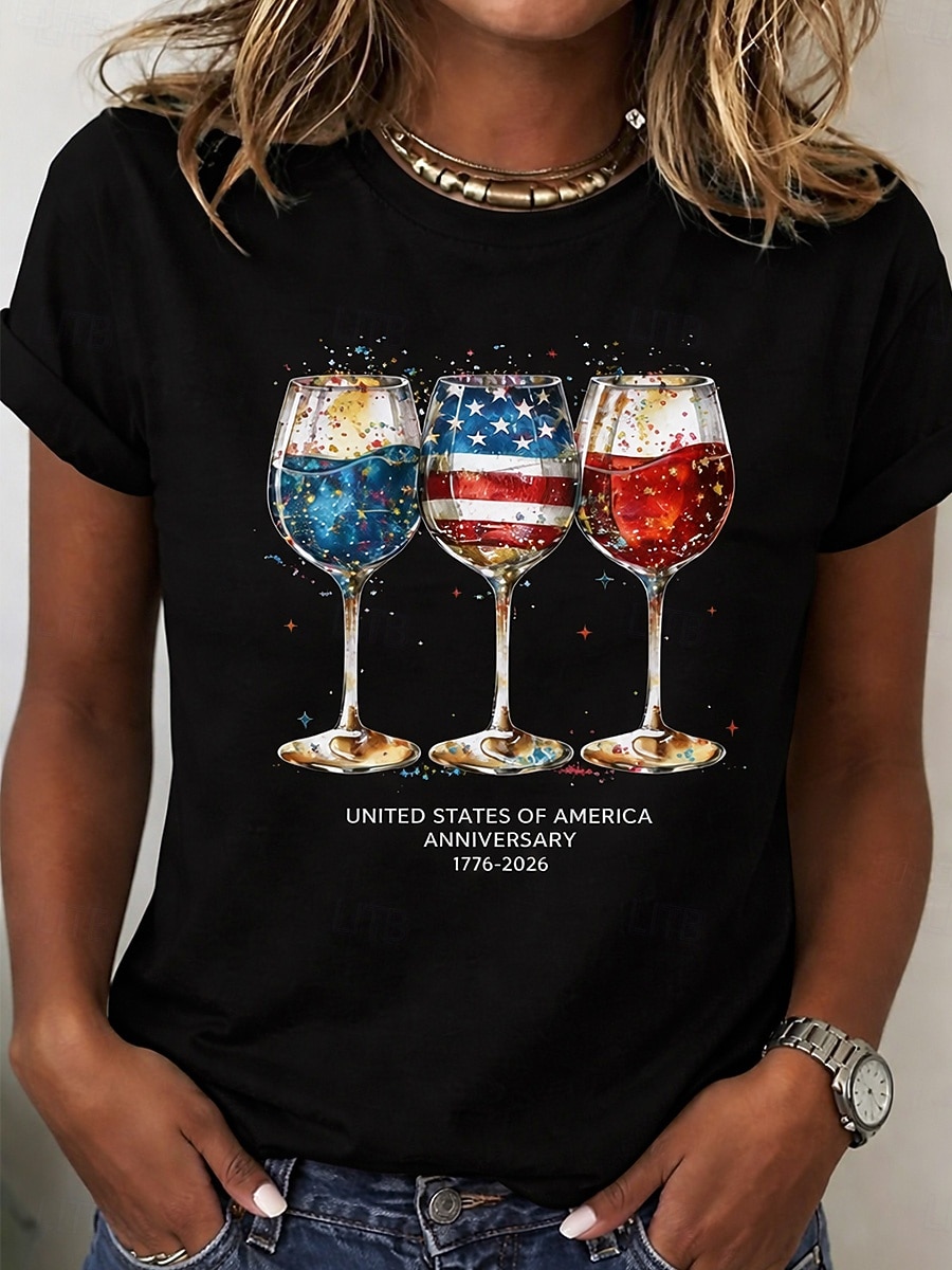 día de la independencia americana Mujer Camiseta Estampado Graphic Bandera Copa de vino Elegante Clásico Casual Manga Corta Cuello Barco Tops regulares Diario Azul Piscina Blanco Amarillo Rojo Negro 2026 - $7.99 –P5