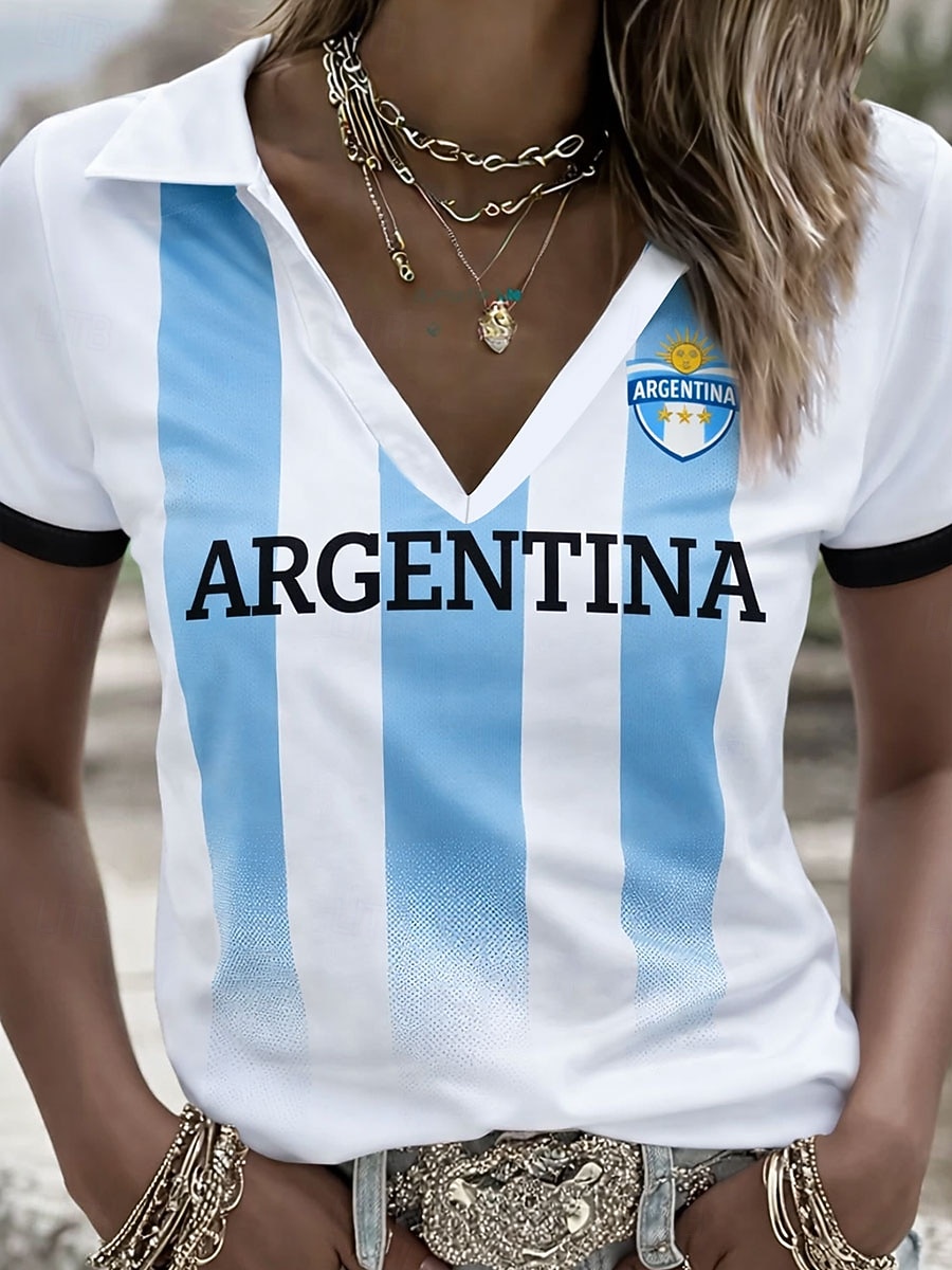 Mulheres Camiseta Bloco de cor Imprimir Gráfico Time de futebol à moda Clássico Casual Manga Curta Decote V Colarinho polo Tops regulares Diário Esportes Para Noite Azul Verão Primavera de 2026 por $24.99 –P1