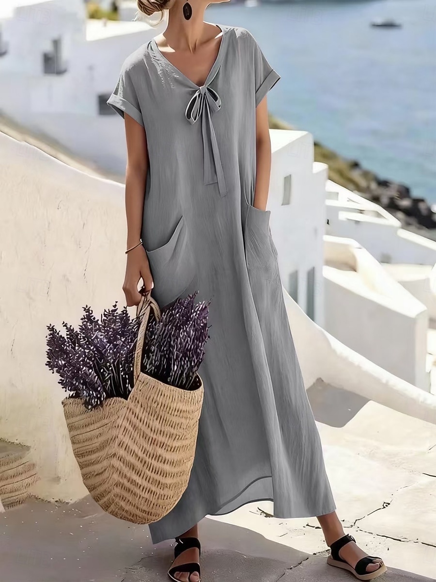 Femmes Robe maxi Robe trapèze Robe d'été Occasionnel Quotidien Coupe Ample Uni Manche Courte Col en V Bleu Ciel Violet Claire Vert Gris Été Printemps de 2026 ? $36.99 –P2