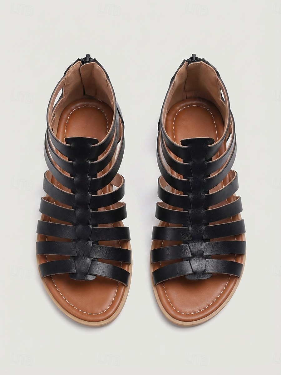 Svarta vävda gladiatorsandaler för kvinnor, platta sandaler med dragkedja baktill för vardagsbruk, shopping, resor, semester &avslappnade utflykter 2026 - $29.99 –P2