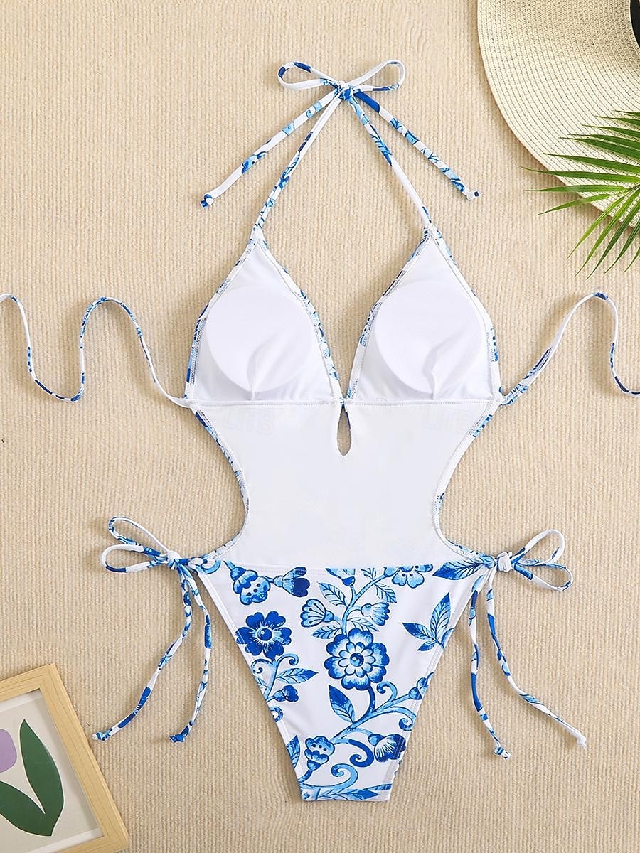 Damen Badeanzug Einteiler Bikini Hohe Taillenlinie Bademode Gerafft Patchwork Urlaub Strandbekleidung Blumen Grafik Neckholder Ärmellos Badeanzüge 2026 - $21.99 –P4