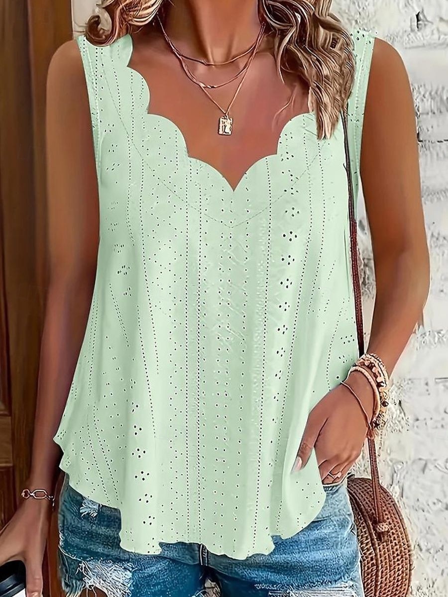 Women's Texture Blouse Eyelet Top Pointelle Tee Blouse Hollow Out Plain Casual Sleeveless V Neck Regular Tops Casual Daily Beach Blue Black White Yellow Pink Summer Spring 2026 - $24.99 –P10