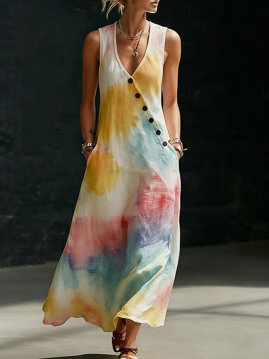Women's Long Dress Maxi Dress Sundress Casual Dress A Line Dress Elegant Vacation Stylish Beach Holiday Regular Fit Graphic Geometric Sleeveless V Neck Blue Yellow Pink Summer Spring 2026 - $41.99 –P3