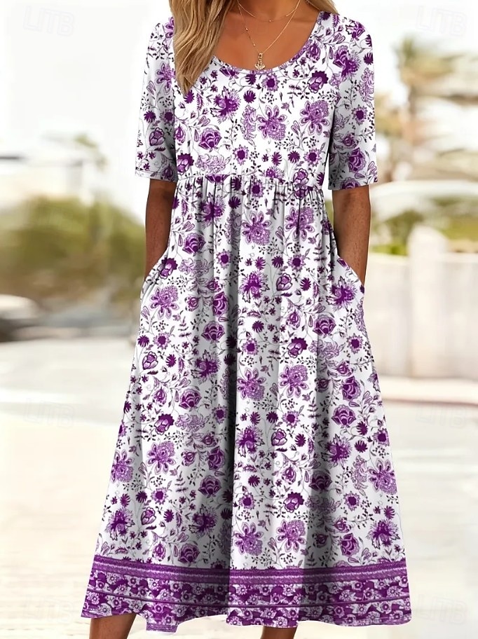 Per donna Abito Midi Abito a Tubino Vacanza Casual Boho Quotidiano Abito Estivo Abito Primaverile Vestibilità regolare Floreale Grafico Mezza Manica Girocollo Blu Fucsia Estate Primavera del 2026 a $32.99 –P2