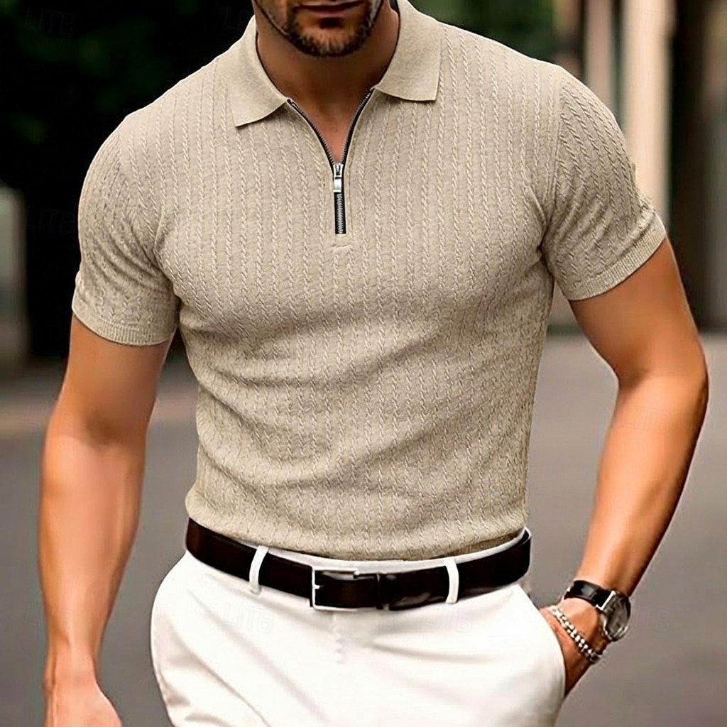 Voor heren Polo met rits Met Textuur Casual Feestdagen Revers Kwart ritssluiting Korte mouw Modieus Basic Effen Jacquard Kwart ritssluiting Zomer Lente Getailleerd Zwart Wit Bordeaux khaki Leger 2026 - $22.99 –P6