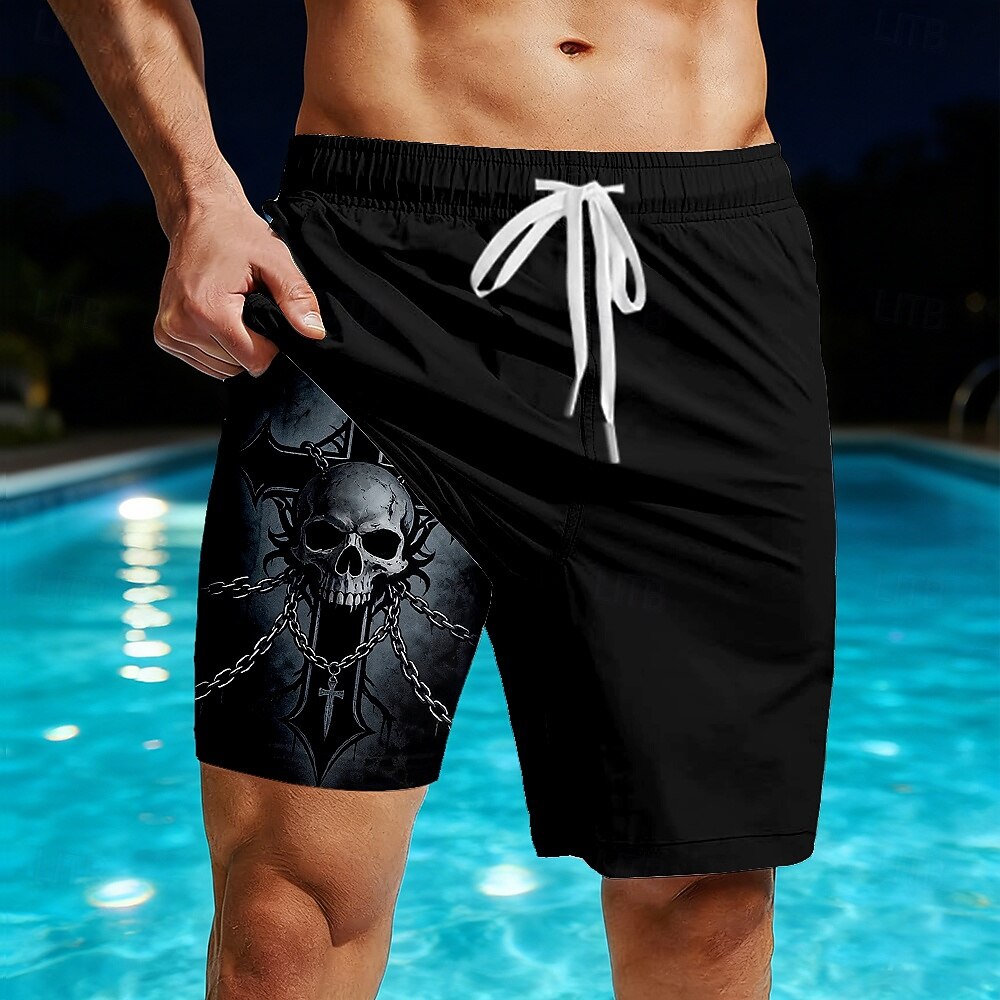 Hombre Cráneos Impresión de cadenas Cruz Pantalones cortos forrados Bañador 2 en 1 Trajes de baño, bañadores cortos Media cintura Estilo gótico oscuro Casual vacaciones en la playa Bolsillos 2026 - $22.99 –P4