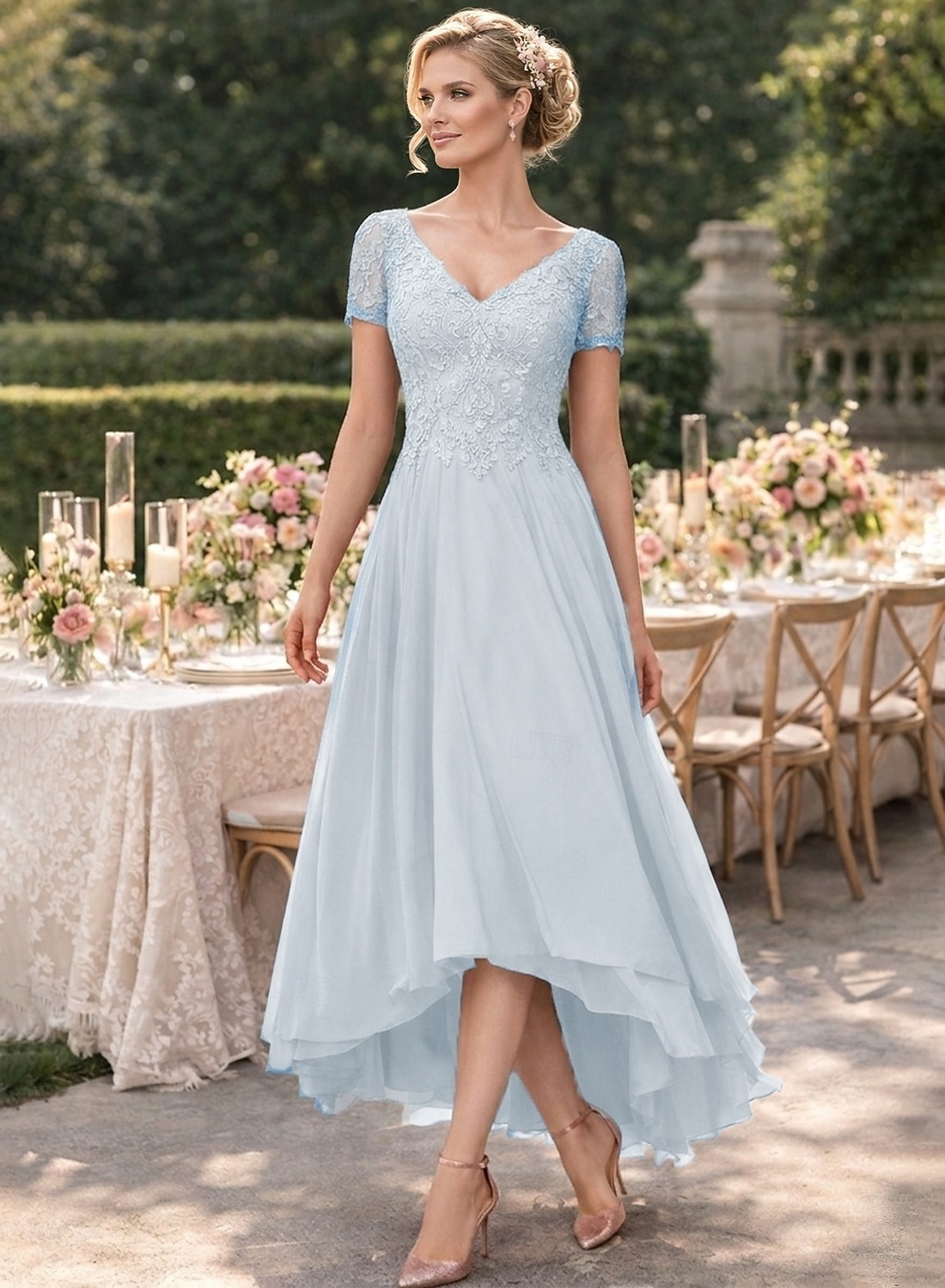 A-linje Asymmetrisk Festkjole Cocktail Kjole Gjestekjole til bryllup Kjole til brudens mor Kortermet V-hals Elegant Formell Bryllupsgjest Formell kveld Chiffon med Ensfarget 2026 - $160.99 –P5