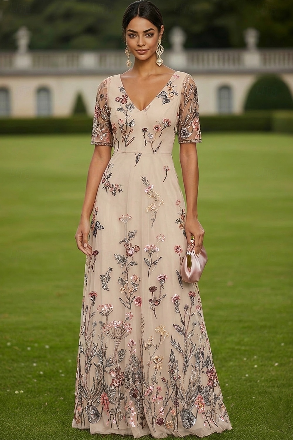 A-lijn Jurken Tot de grond Maxi-jurk Feestjurk Cocktail jurk Moeder van de bruid jurk Korte mouw V-hals Elegant Vintage Luxueus Formeel Bruiloft gast Kentucky Derby Chiffon Tule met Bloemenprint 2026 - $182.99 –P1
