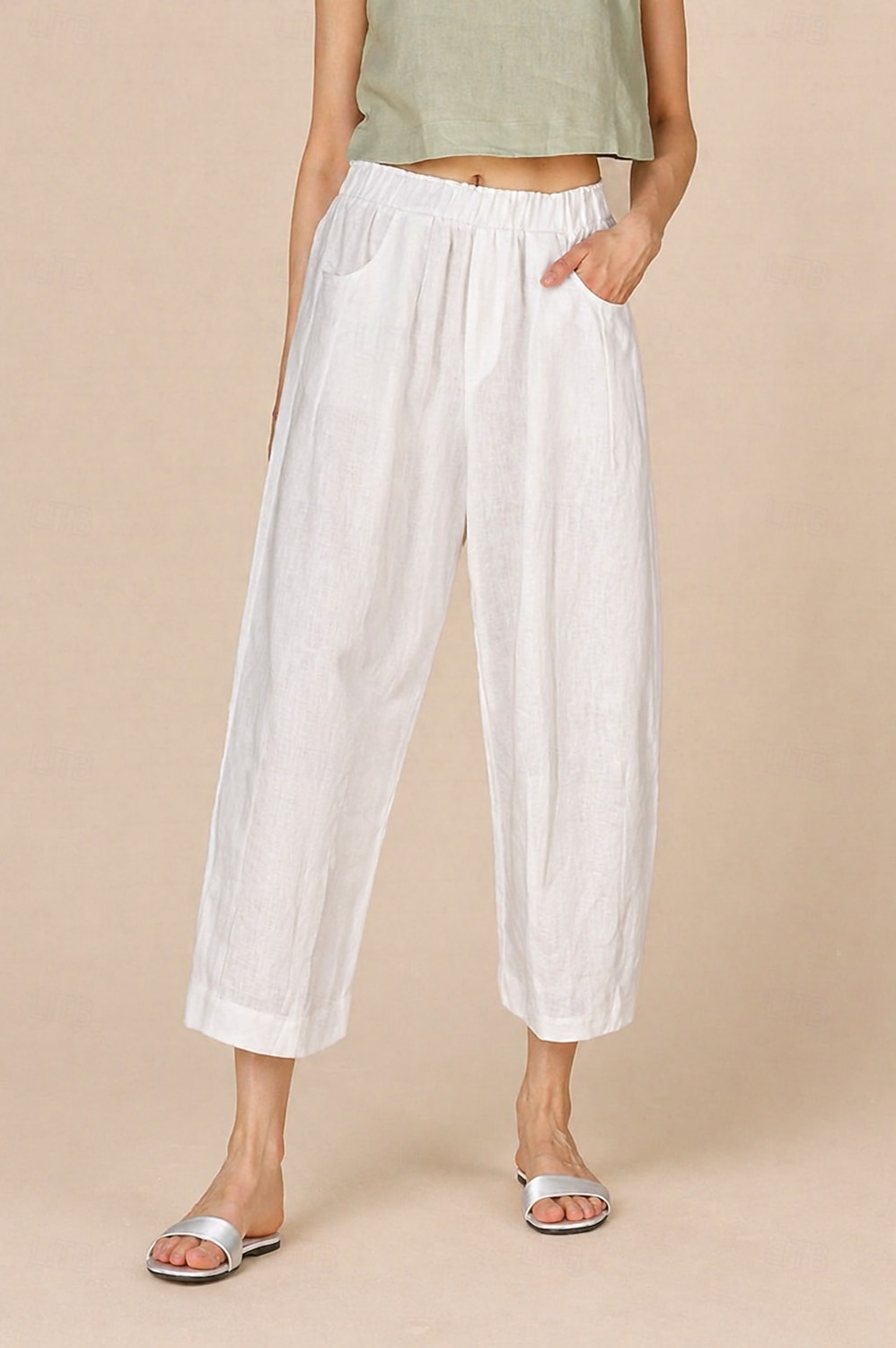 Women's 100% Linen Vacation Basic Ankle-Length Mid Waist Plain Breathable Inelastic Daily Flaxen gray-green White Spring Loose Fit 2026 - $74.99 –P11