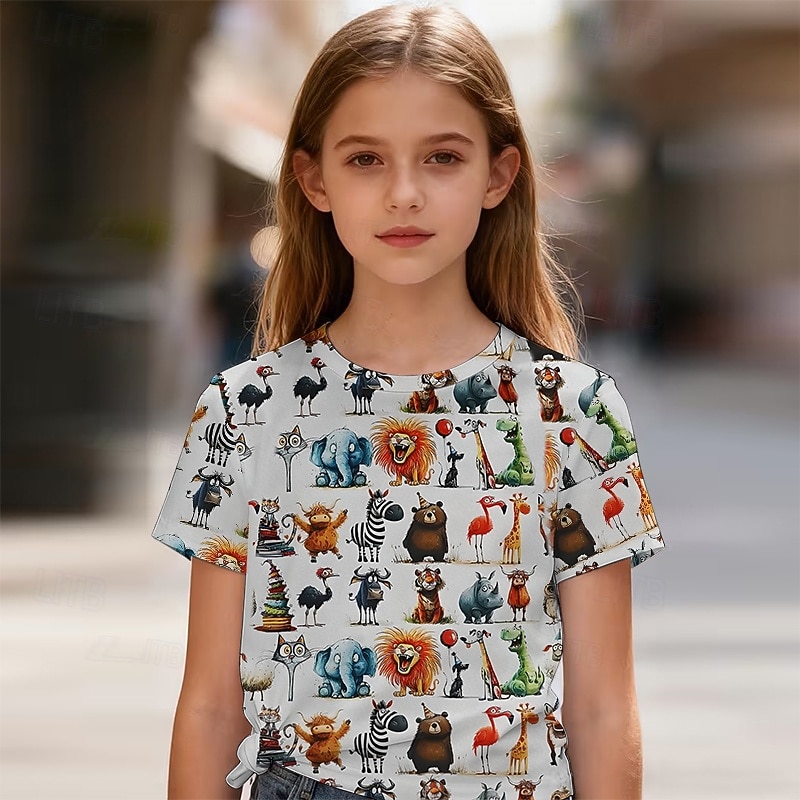 Chica 3D Graphic Animal Camiseta Manga Corta Impresión 3D Primavera Activo Estilo lindo Niños 4-12 años Casual Escuela Ajuste regular 2026 - $9.49 –P1