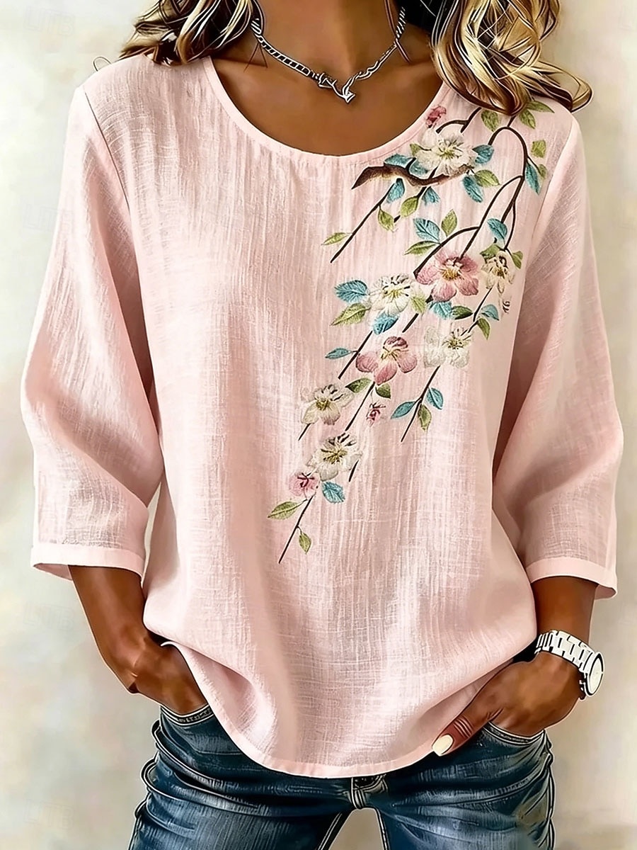 Dam Skjorta Skjortor med linnekänsla Blommig Grafisk Vintage Stylish Långärmad Rund hals Vanliga toppar Ledigt Blå Vit Gul Rodnande Rosa Grön Sommar Vår 2026 - $29.99 –P4