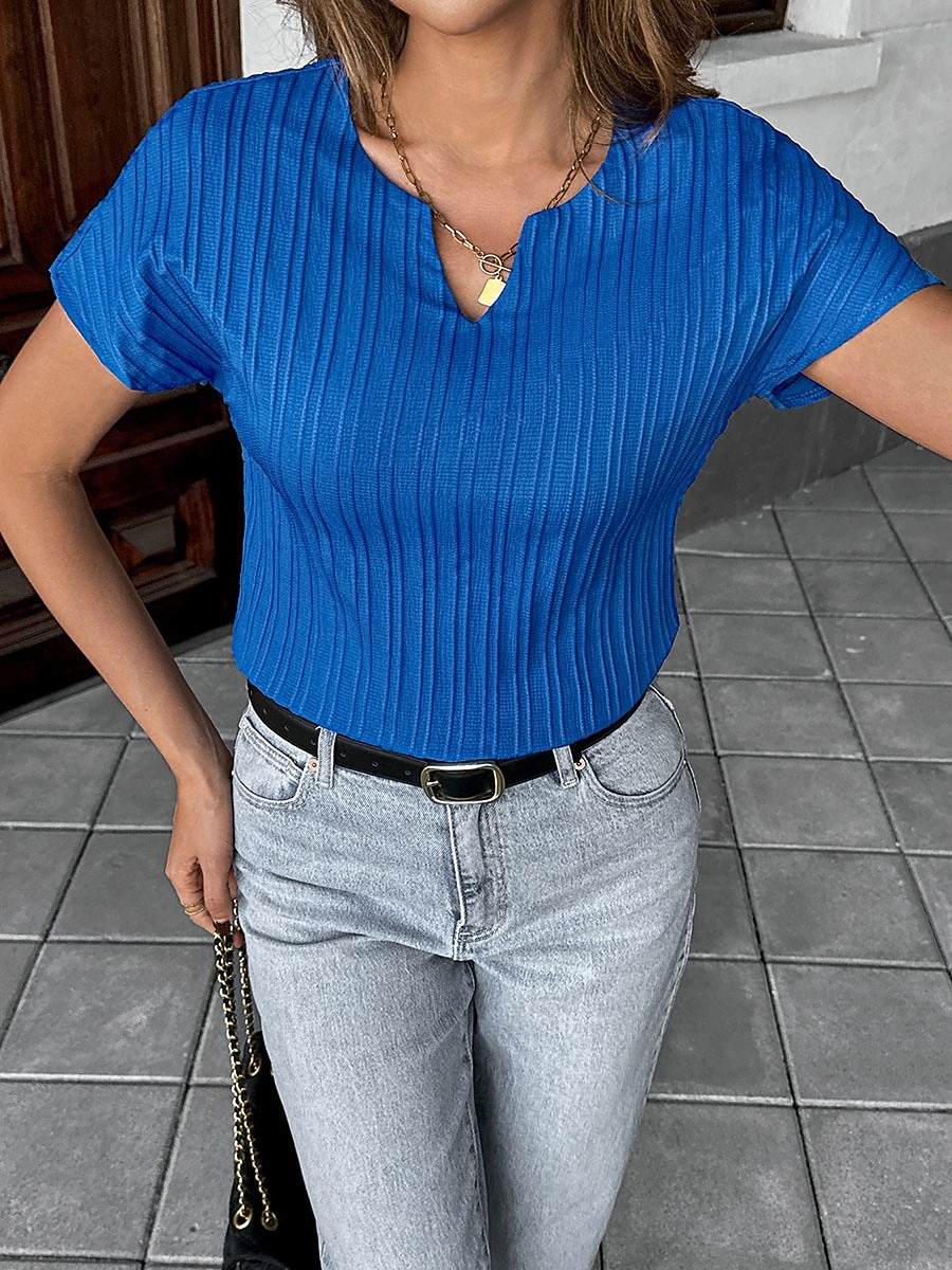 Women's T Shirt Tee Top Striped Plain Elegant Fashion Short Sleeve V Neck Regular Tops Casual Daily Beach Blue Spring 2026 - $21.99 –P6