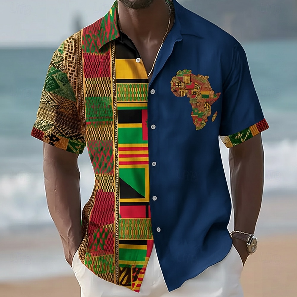Juneteenth Herre Stamme Kart Etikk / afrikansk Skjorte Sommerskjorte Skjorte med knapper Kortermet Vintage retro Ferie Sommer Vår Aftæpning 3D-utskrift krage skjorter Blå Rød Kakifarget Svart 2026 - $25.99 –P2