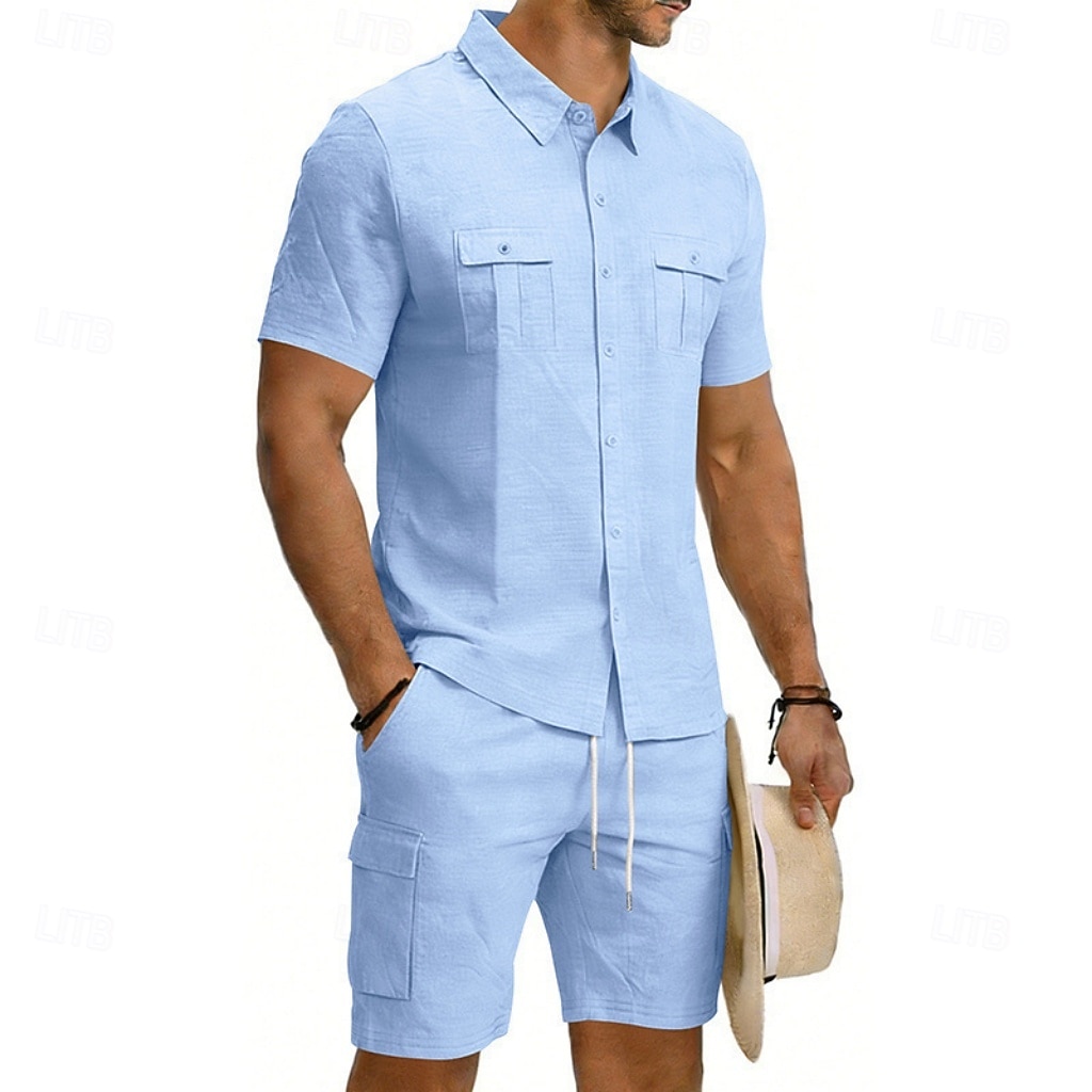 Homens Camisa de linho 2 Peças Conjunto de camisa E Bermuda Cargo Calção Shorts de linho Definir Tecido Diário Ao ar livre Férias Aberto para a Lateral Manga Curta Verão Moda Casual Confortável Roupa de 2026 por $32.99 –P3