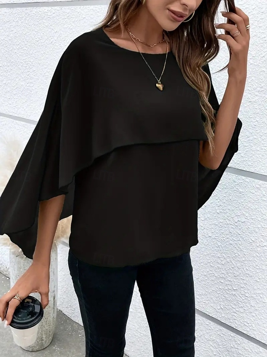 Mulheres Blusa Franzido Côr Sólida à moda Básico Casual Manga 3/4 Gola Redonda Tops regulares Diário Azul Preto Rosa Vermelho Camelo Verão Primavera Outono de 2026 por $25.99 –P18