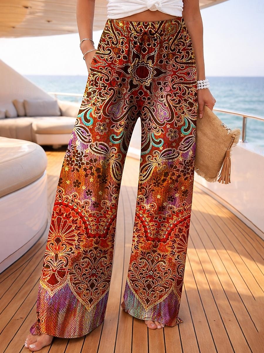 Femmes Jambe large Pantalons Vacances Mode Streetwear Longueur complète Taille Moyenne Fleuri Graphique Avec Poches Taille Élastique Imprimé Confortable Confort Respirabilité Non Elastique Quotidien de 2026 ? $44.99 –P1
