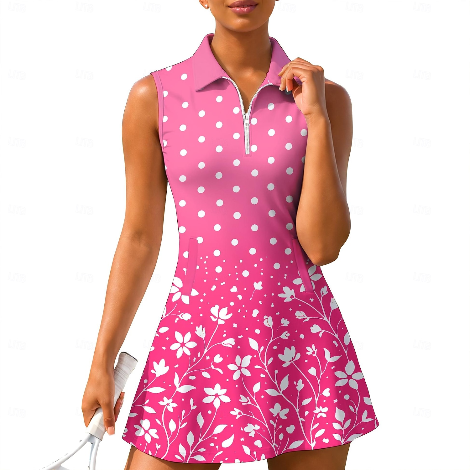 Damskie Geometryczny Groszki Kwiatowy Sukienka do tenisa Sukienka sportowa Bez rękawów Kwiaty Oddychający Bransoletka tenisowa Golf Badminton Kołnierz polo Kołnierz zapinany na zamek Sukienka Czarny 2026 - $26.99 –P9