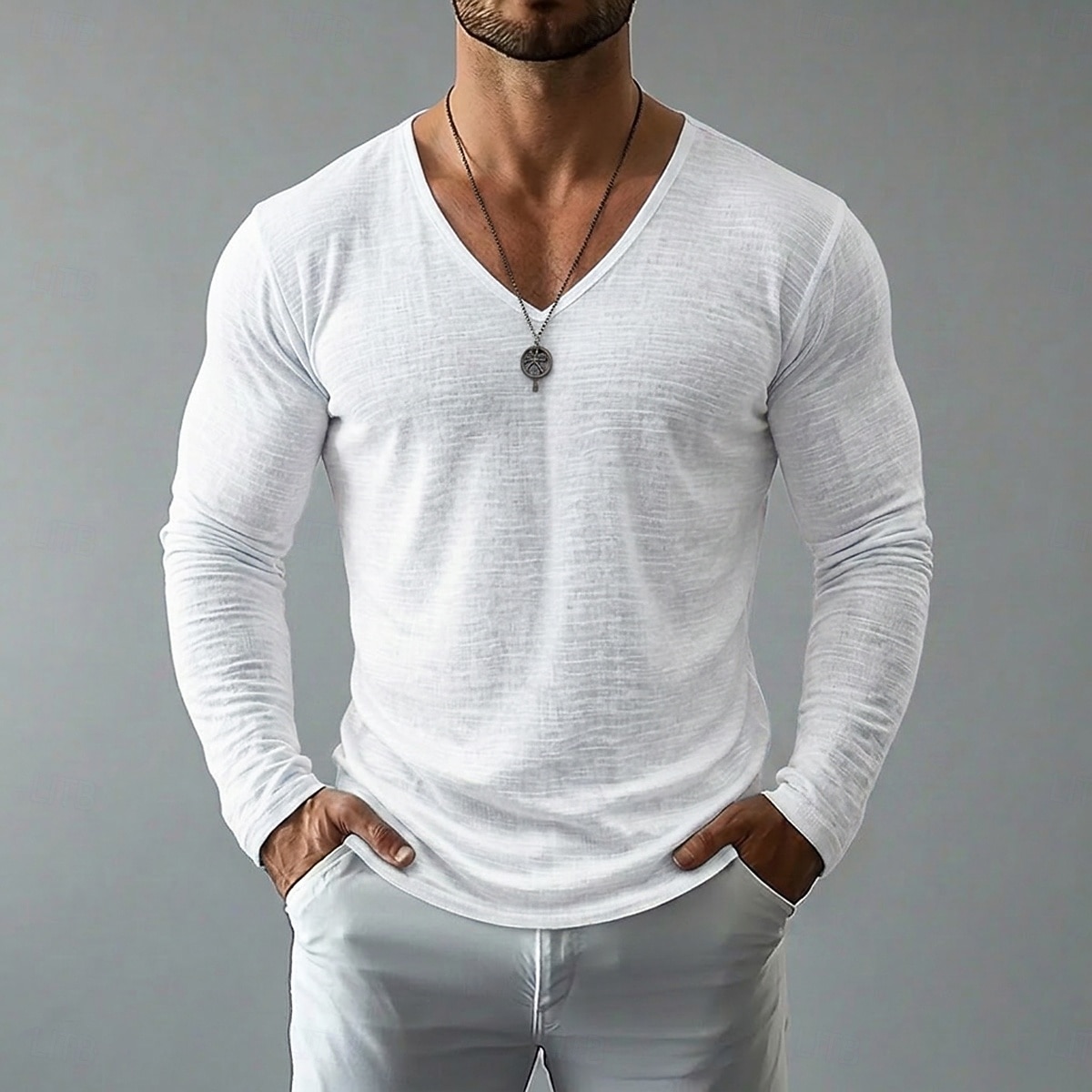 Men's Tee Top Linen T-Shirt Long Sleeve V Neck Spring & Summer Summer Spring Solid Color Daily Casual Street Style Plain Casual Outdoor Street Blue Lake blue Black Top Tee for Men 2026 - $20.99 –P5